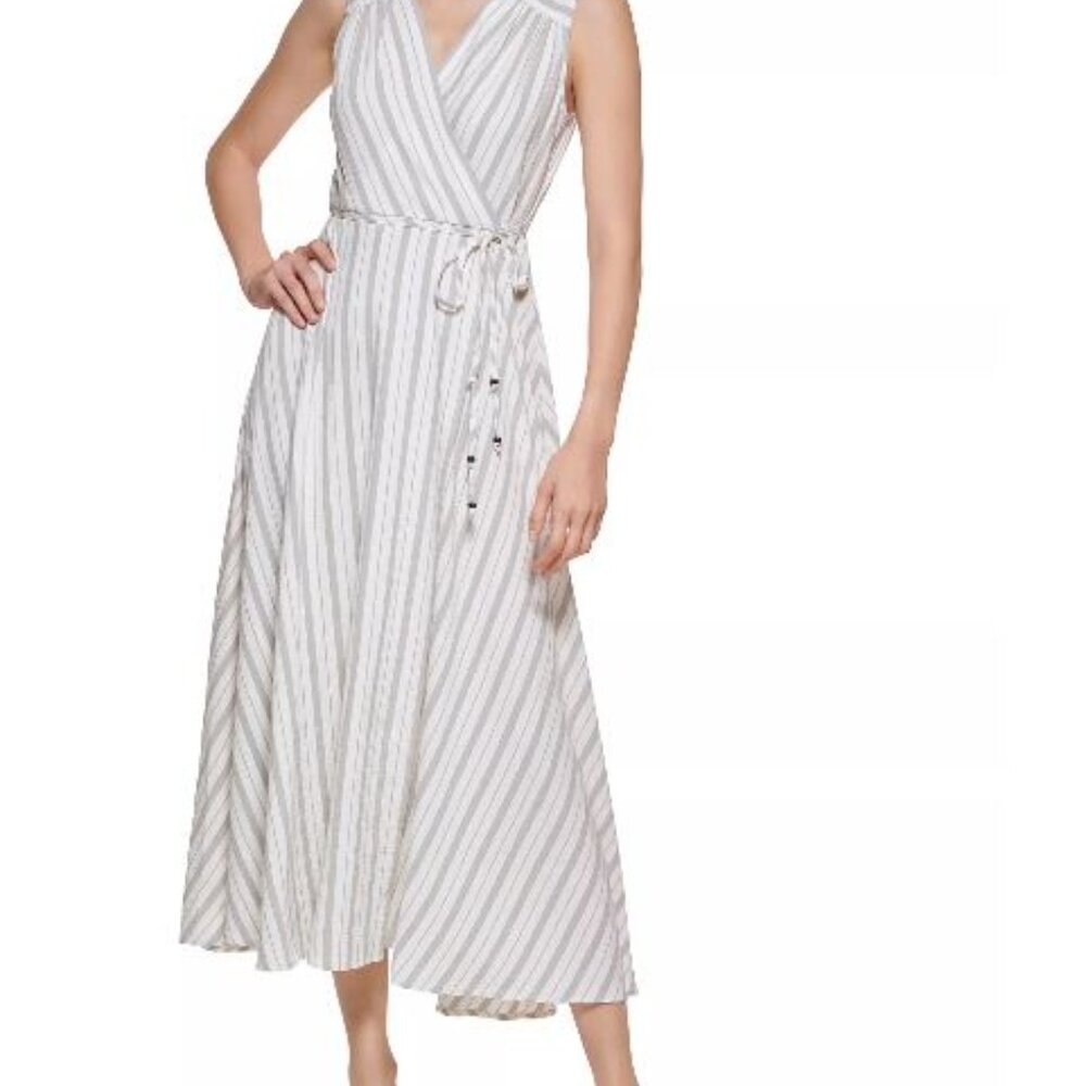 Calvin Klein Striped Wrap-Style Midi Dress • Size 12 • Classic Elegance NWOT